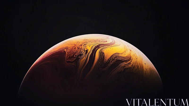 Swirled cosmic planet glows softly against deep black space