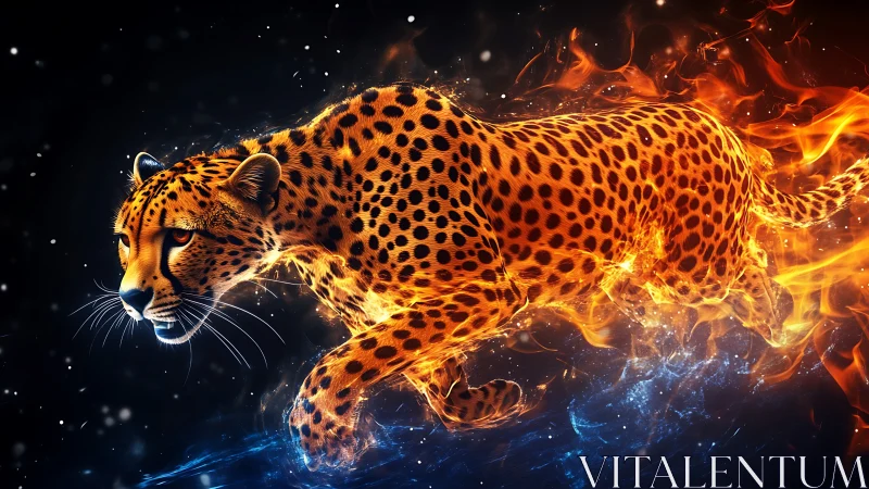 Leopard engulfed in dancing flames and luminescent energy