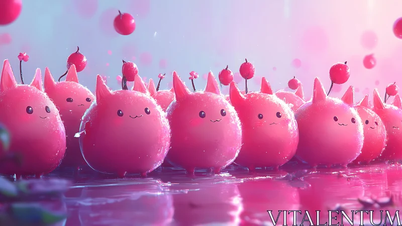 Pink spherical creatures with ears aligned on reflective surface.