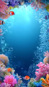Colorful coral reef surrounds clear blue underwater space