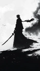 Solitary swordsman in monochrome abstract windswept void.