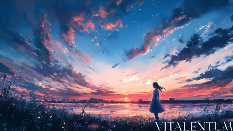 Girl stands by reflective riverbank under vivid sunset sky