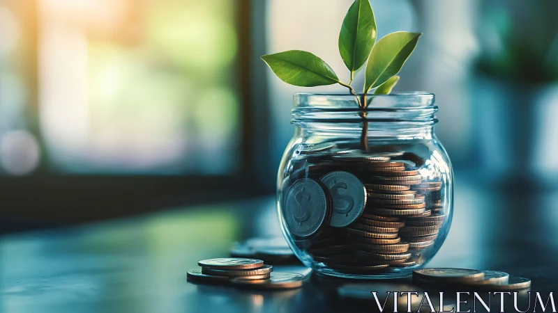 Coin jar sapling glows with slow-blooming financial hope.