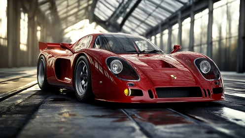 Sleek red supercar gleams under soft industrial daylight.