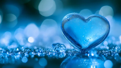 Glass heart shaped object in blue macro water scene.