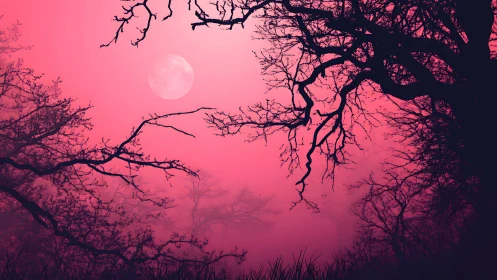 Moonlit branches stretch across a dreamy pink twilight sky