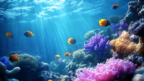 Colorful reef fish swim above detailed coral formations