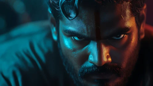 Intense male portrait under dramatic teal and amber light