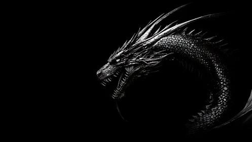 Midnight serpent-dragon coils in razor-edged silver shadow.