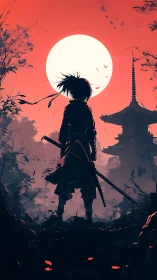 Lone samurai studies blood red sunset over distant pagoda