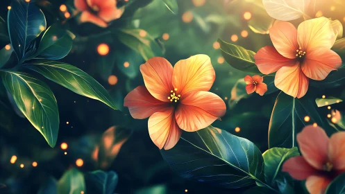 Digital illustration of warm gradient botanical florals with luminescent particles and bokeh depth e