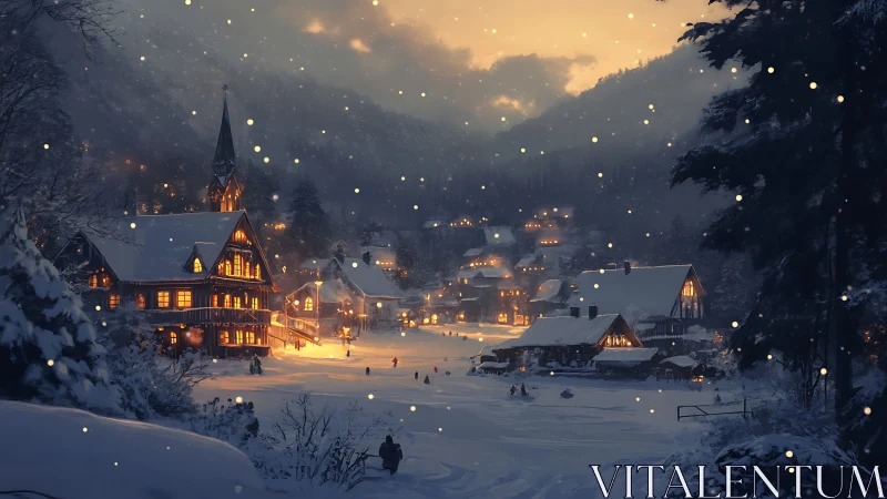 Snowy alpine village glows under warm winter dusk sky.