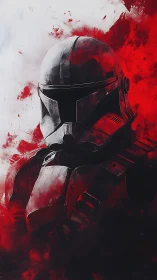 Armored sci‑fi helmet rendered against red and white field