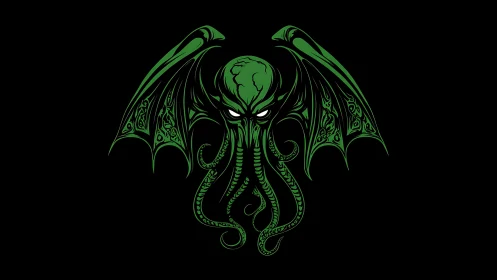 Green tentacled eldritch winged emblem on pure black field