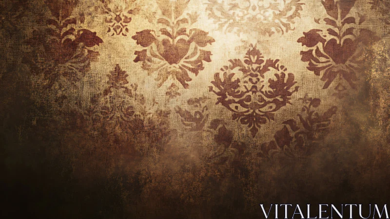 Vintage damask wallpaper with worn textured surface