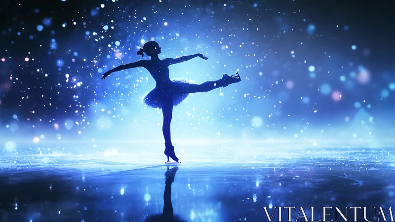 Silhouette ice skater performing spin on glowing rink.