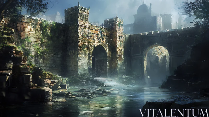 River mist crowns an ancient fortress gate in quiet decay