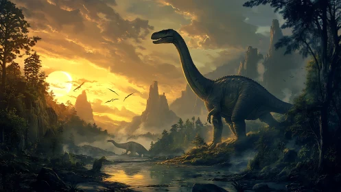 Gentle giant dinosaurs wandering through a golden sunrise valley.