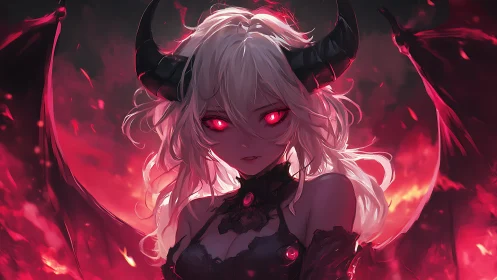 Demonic anime succubus in crimson backlight with glowing eyes