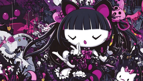 Cat-eared cartoon girl amid dense pink-black fantasy scene.
