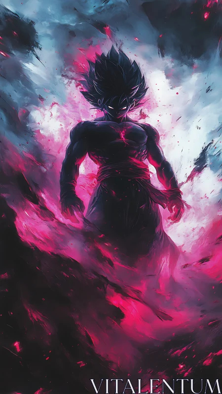 Dark anime warrior in red and black energy storm.