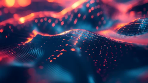 Parametric neon mesh waves simulate glowing data surface with depth