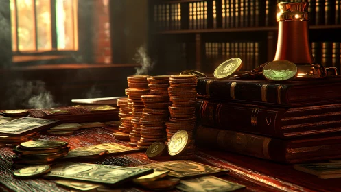 Gold coins and vintage ledgers under warm cinematic light.