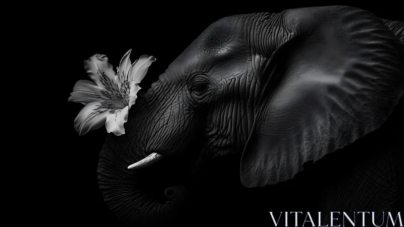 Elephant profile holds single lily flower in grayscale contrast