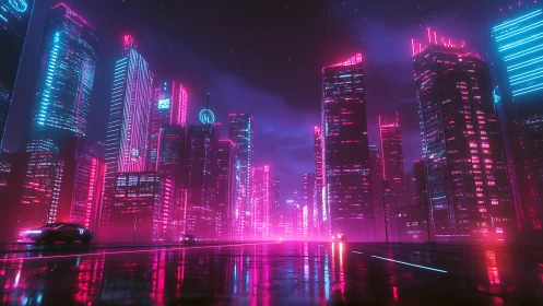 Cyberpunk neon megacity skyline with reflective wet roadway.