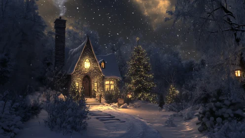 Snowy forest cottage with glowing Christmas lights at night.