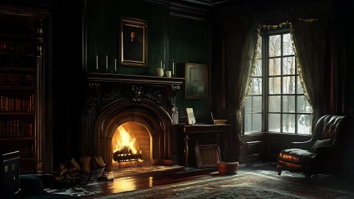 Photorealistic Victorian study with ornate fireplace interior design.