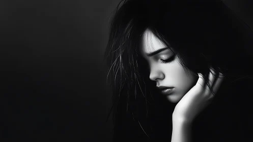 Monochrome side profile of young woman in quiet pose.