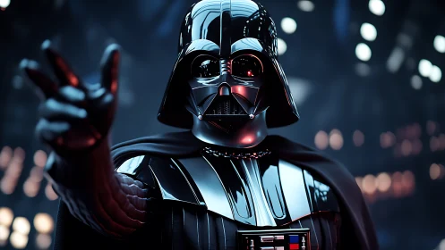 Armored sci-fi villain extends gloved hand in neon hangar