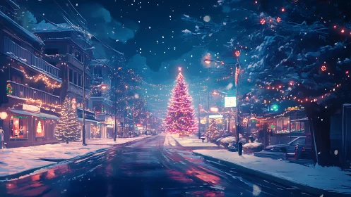 Snowy small-town street frames luminous central Christmas tree