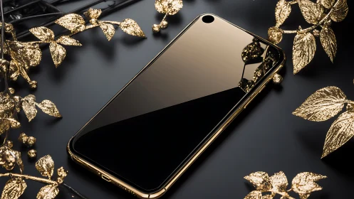 Luxury black smartphone with gold trim and metallic leaves.