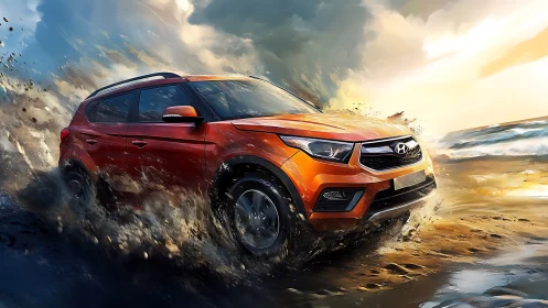 Dynamic SUV beach assault in cinematic digital painting style.