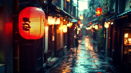 Cozy lantern lit alleyway glowing after gentle evening rain.