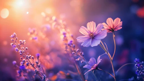 Cosmos wildflowers under glowing sunset bokeh light.