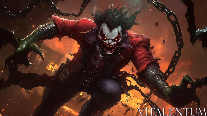 Masked figure advances through chains amid burning urban backdrop