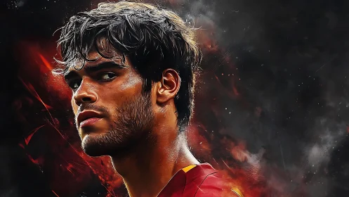 Intense male portrait against dark red abstract flames.