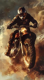 Dirt biker erupting through dust clouds in dynamic motion.
