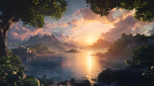 Golden Sunset Over Mountain Lakes.