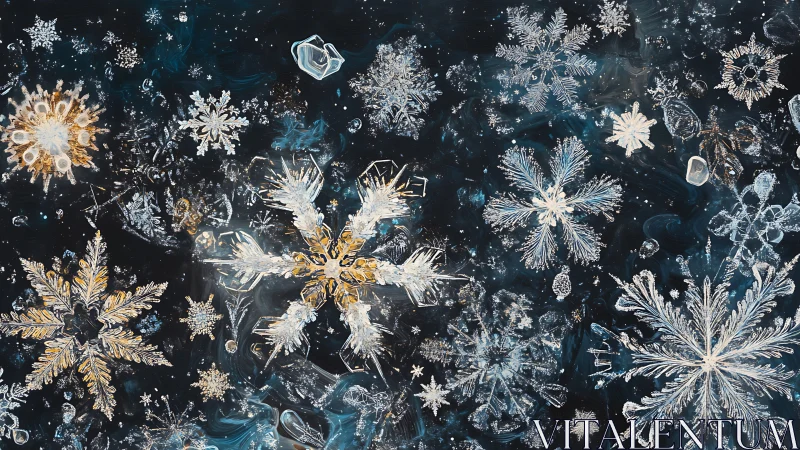 Intricate crystal snowflakes drift across a deep winter sky