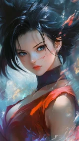 Stormlit heroine gazes forward with calm, fierce confidence