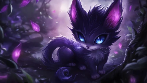 Purple feline creature with blue eyes in luminous forest scene.