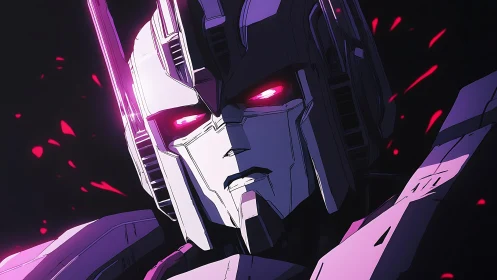 Brooding mecha warrior glowing with intense neon energy.