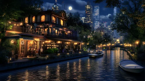 Canal-side bistro glows against a shimmering city skyline.