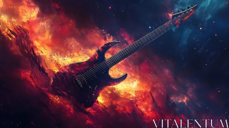 Flaming electric guitar suspended in cosmic nebula blaze.