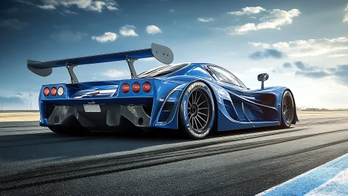 Blue GT race car cornering on sunlit circuit tarmac.