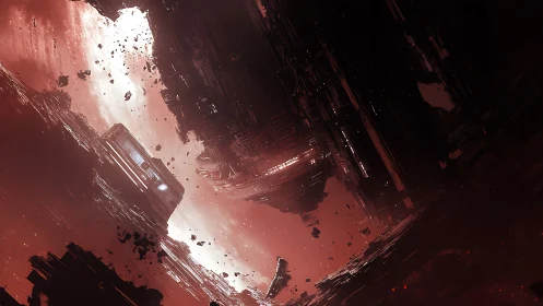 Derelict space station looms within a crimson stellar storm